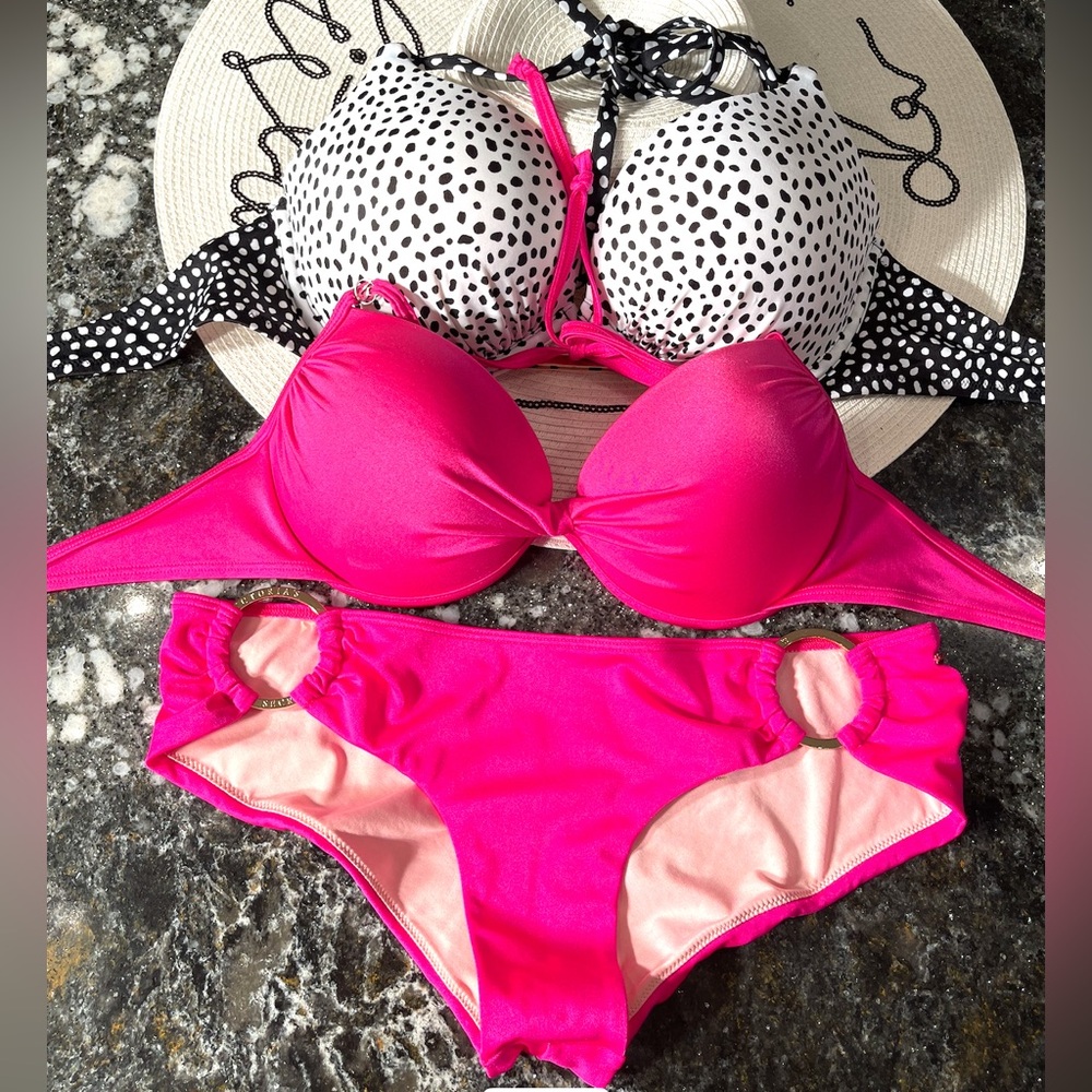 Victoria Secrets bikini bombshell panther pokedot and push-up pink & M bottoms